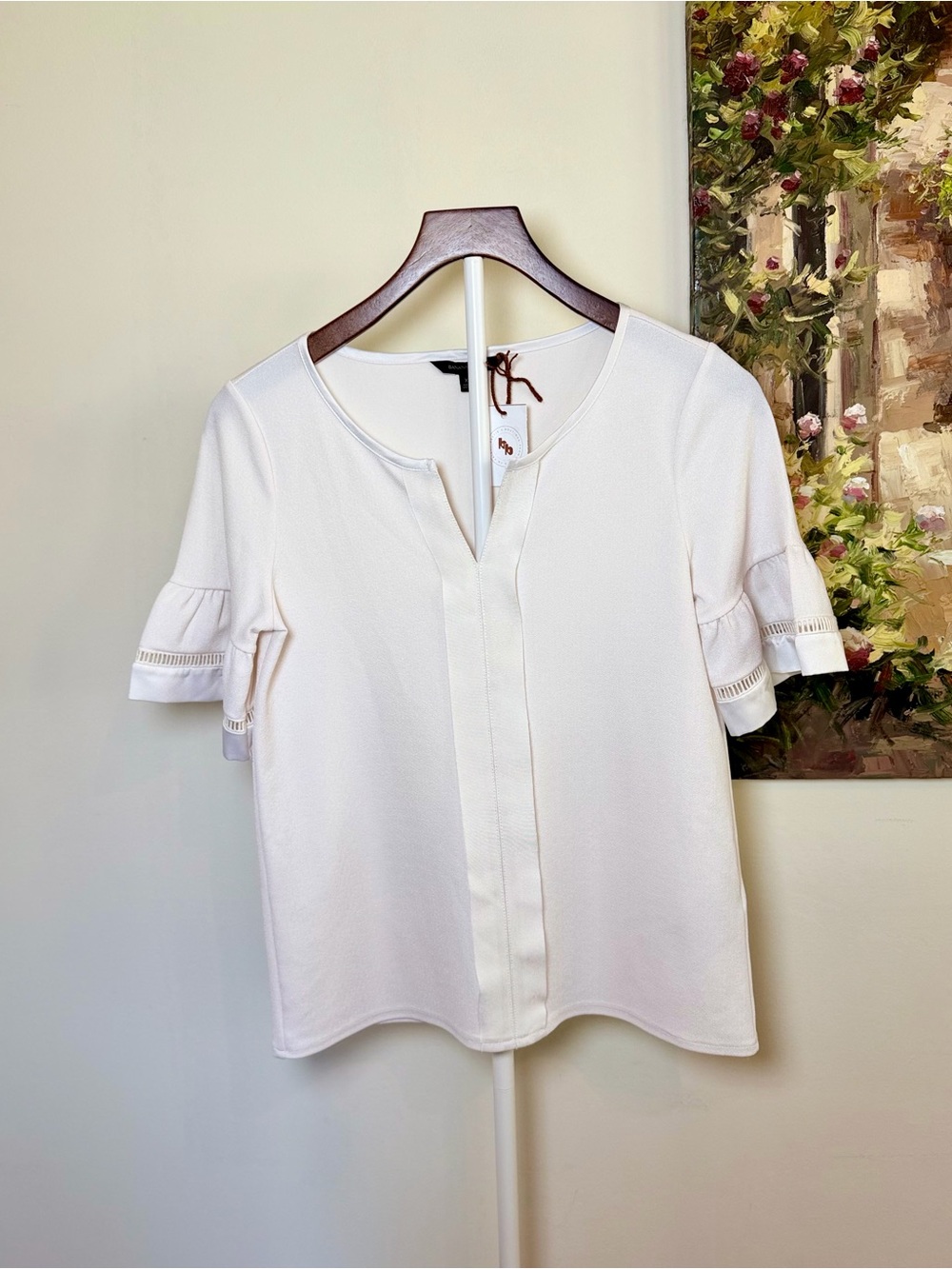 Banana Republic White Eyelet Split-Neck Flutter Sleeve Blouse XS